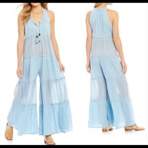 Free People XS Beach Bum Sheer Maxi Jumpsuit Metallic Striped Blue Cover Up